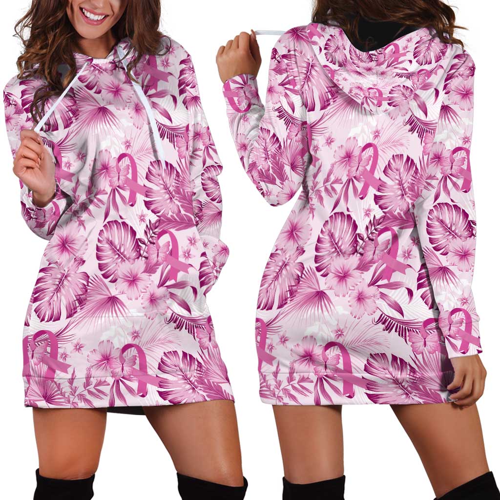 Pink Ribbon Hibiscus Tropical Pattern Hoodie Dress Breast Cancer