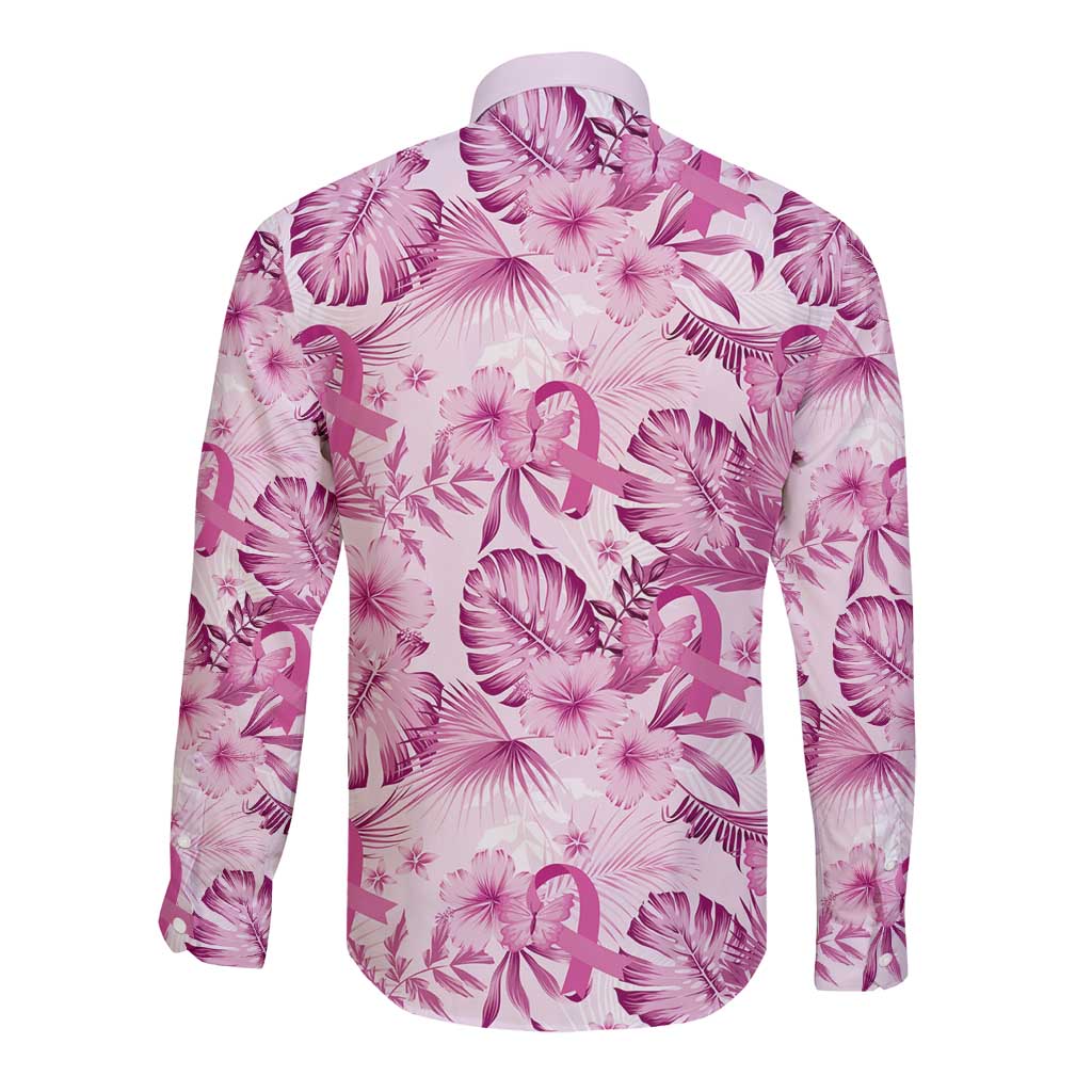 Pink Ribbon Hibiscus Tropical Pattern Long Sleeve Button Shirt Breast Cancer