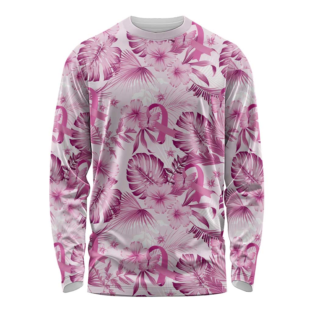 Pink Ribbon Hibiscus Tropical Pattern Long Sleeve Shirt Breast Cancer LT01 Unisex Pink - Polynesian Pride
