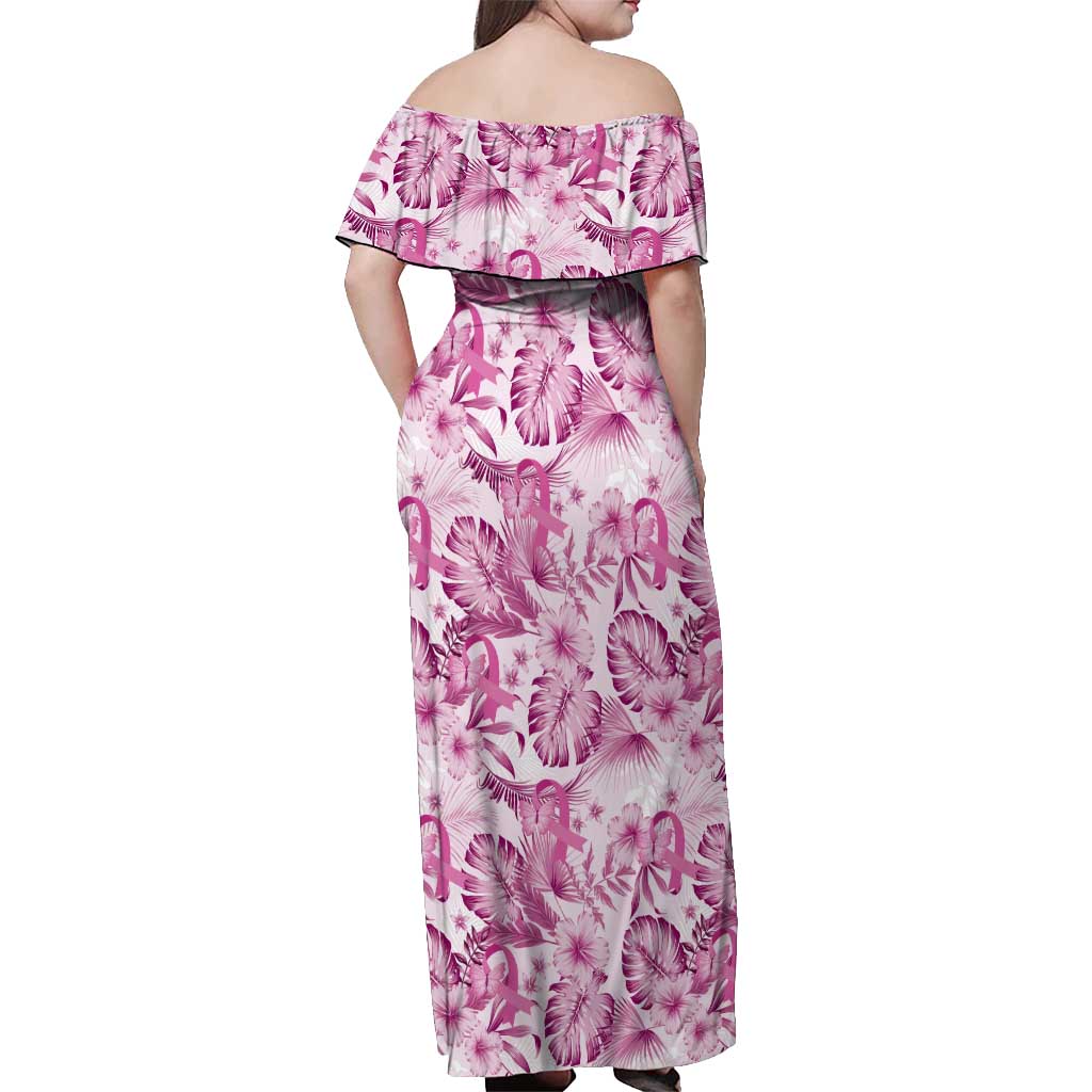 Pink Ribbon Hibiscus Tropical Pattern Off Shoulder Maxi Dress Breast Cancer