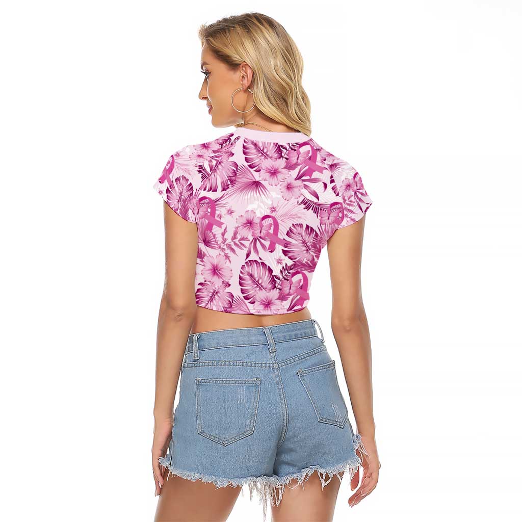 Pink Ribbon Hibiscus Tropical Pattern Raglan Cropped T Shirt Breast Cancer