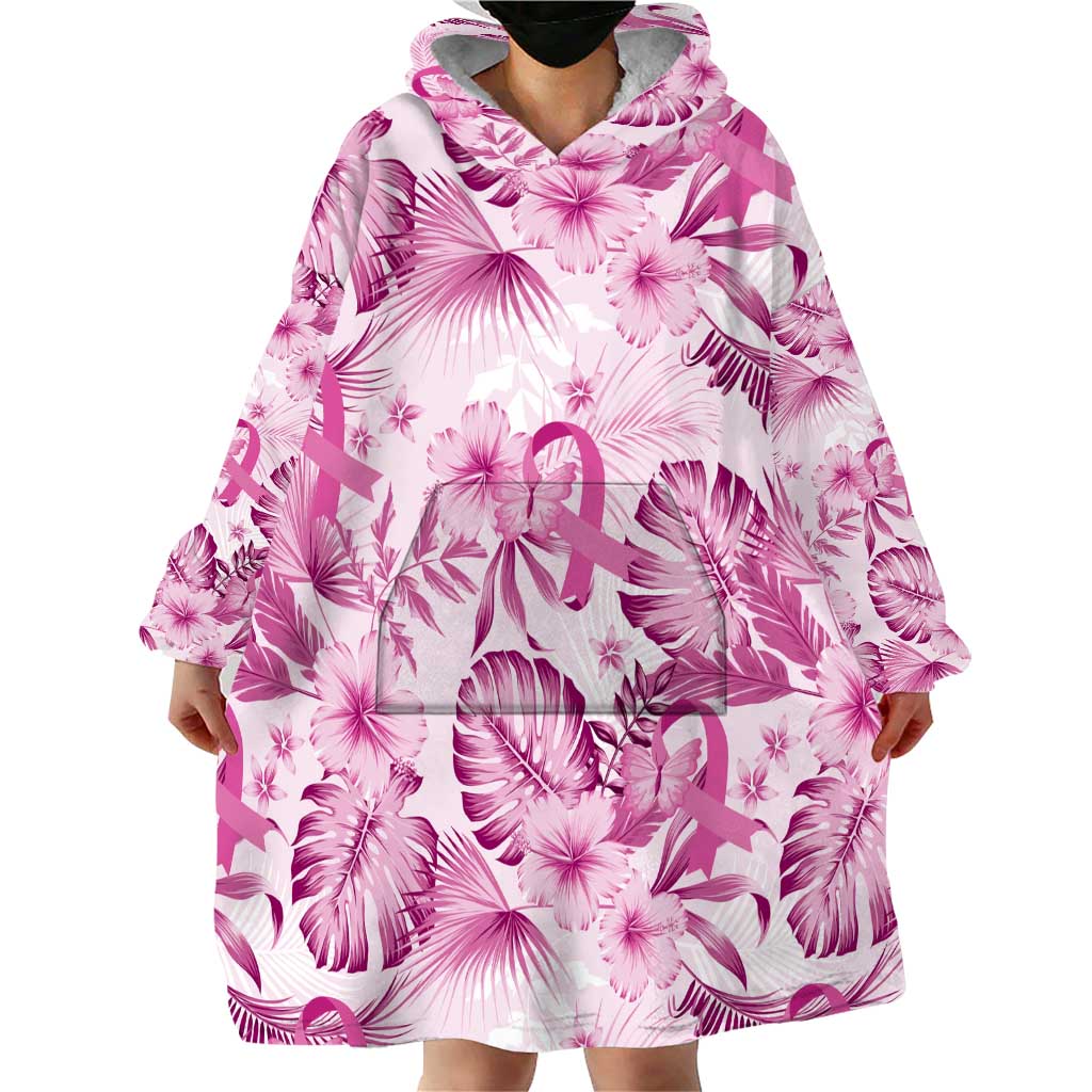 Pink Ribbon Hibiscus Tropical Pattern Wearable Blanket Hoodie Breast Cancer