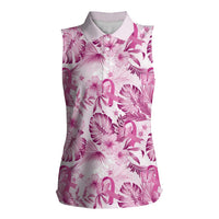 Pink Ribbon Hibiscus Tropical Pattern Women Sleeveless Polo Shirt Breast Cancer