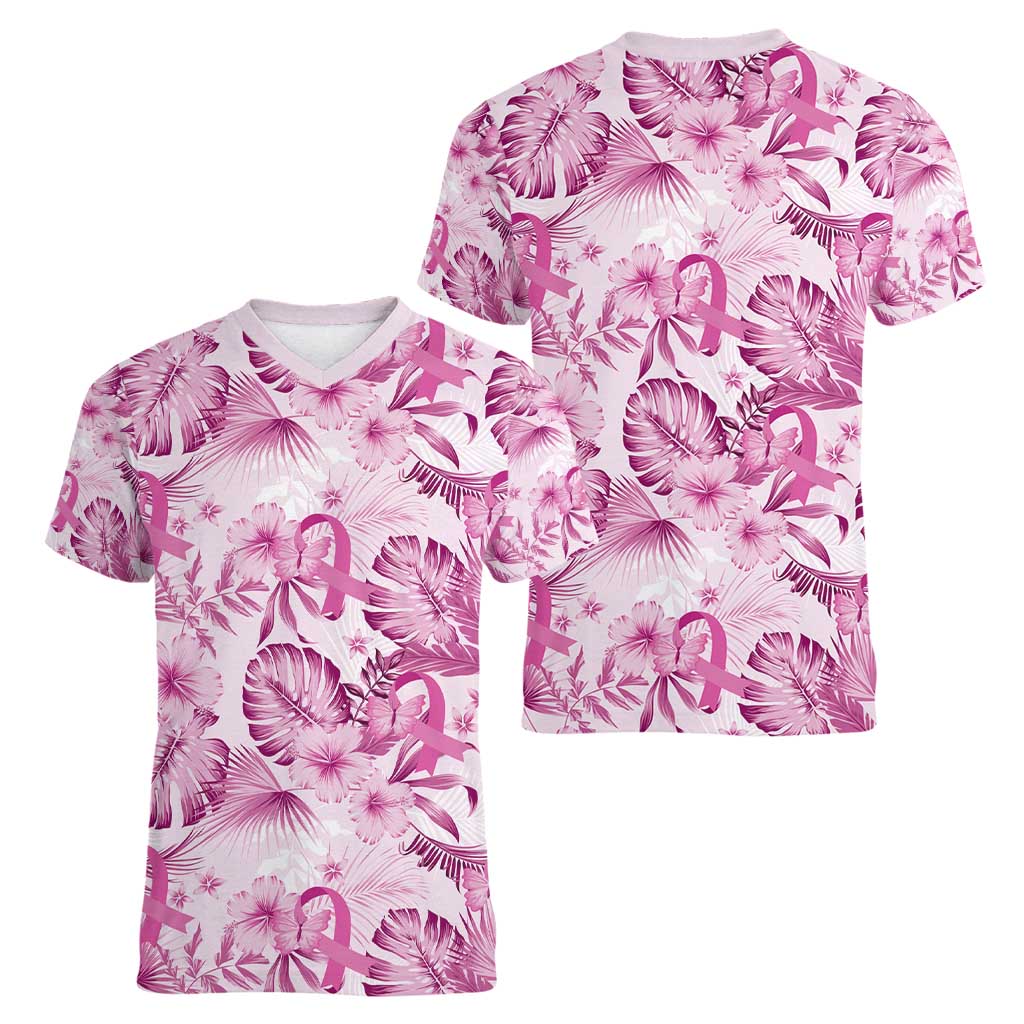 Pink Ribbon Hibiscus Tropical Pattern Women V-Neck T-Shirt Breast Cancer