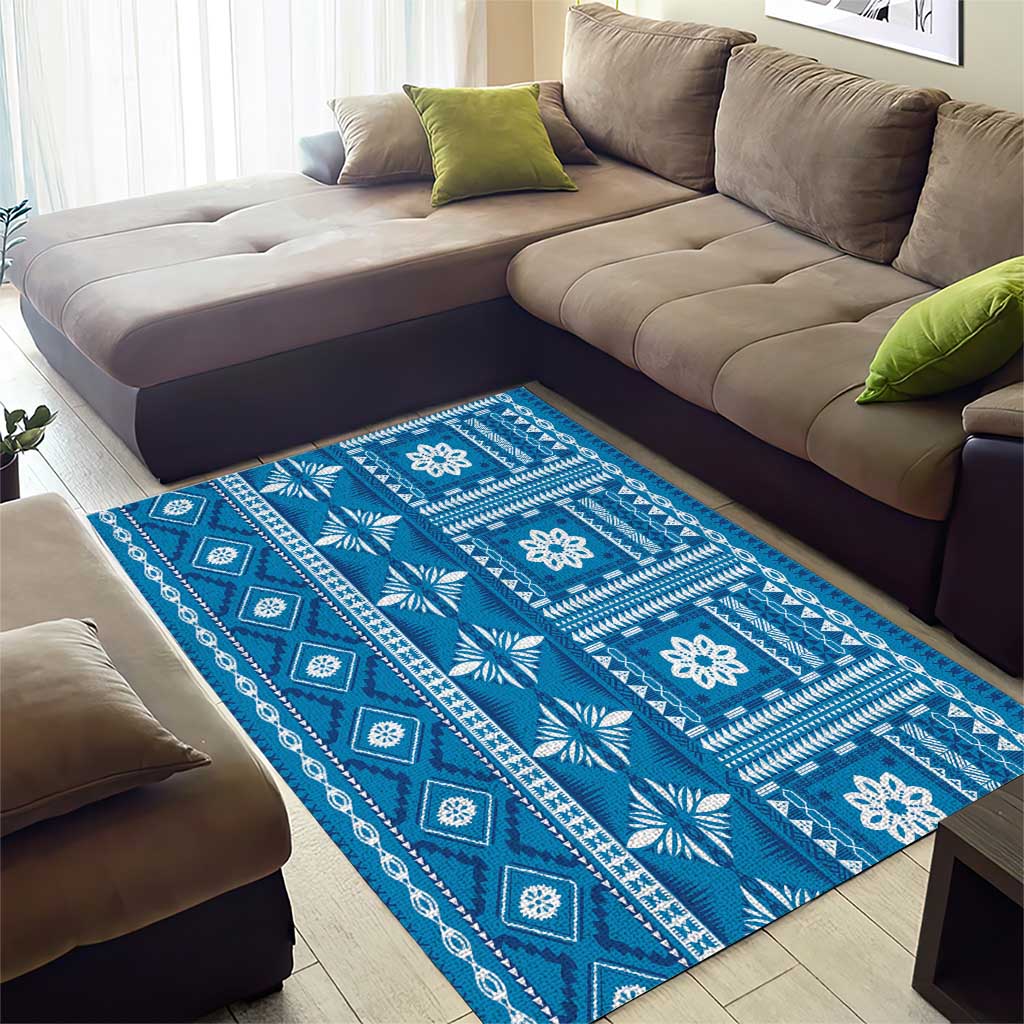 Fiji Masi All Blue Area Rug Tapa Pattern - Polynesian Pride