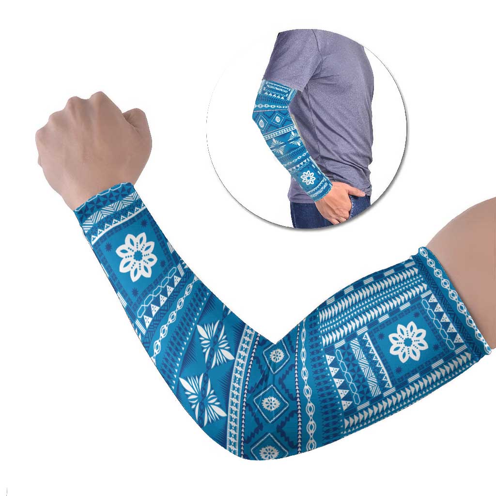 Fiji Masi All Blue Arm Sleeves Tapa Pattern - Polynesian Pride
