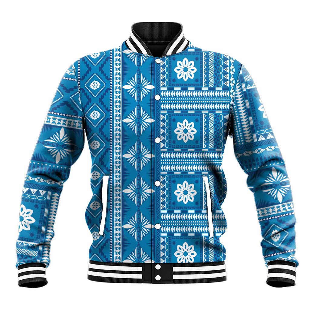 Fiji Masi All Blue Baseball Jacket Tapa Pattern - Polynesian Pride