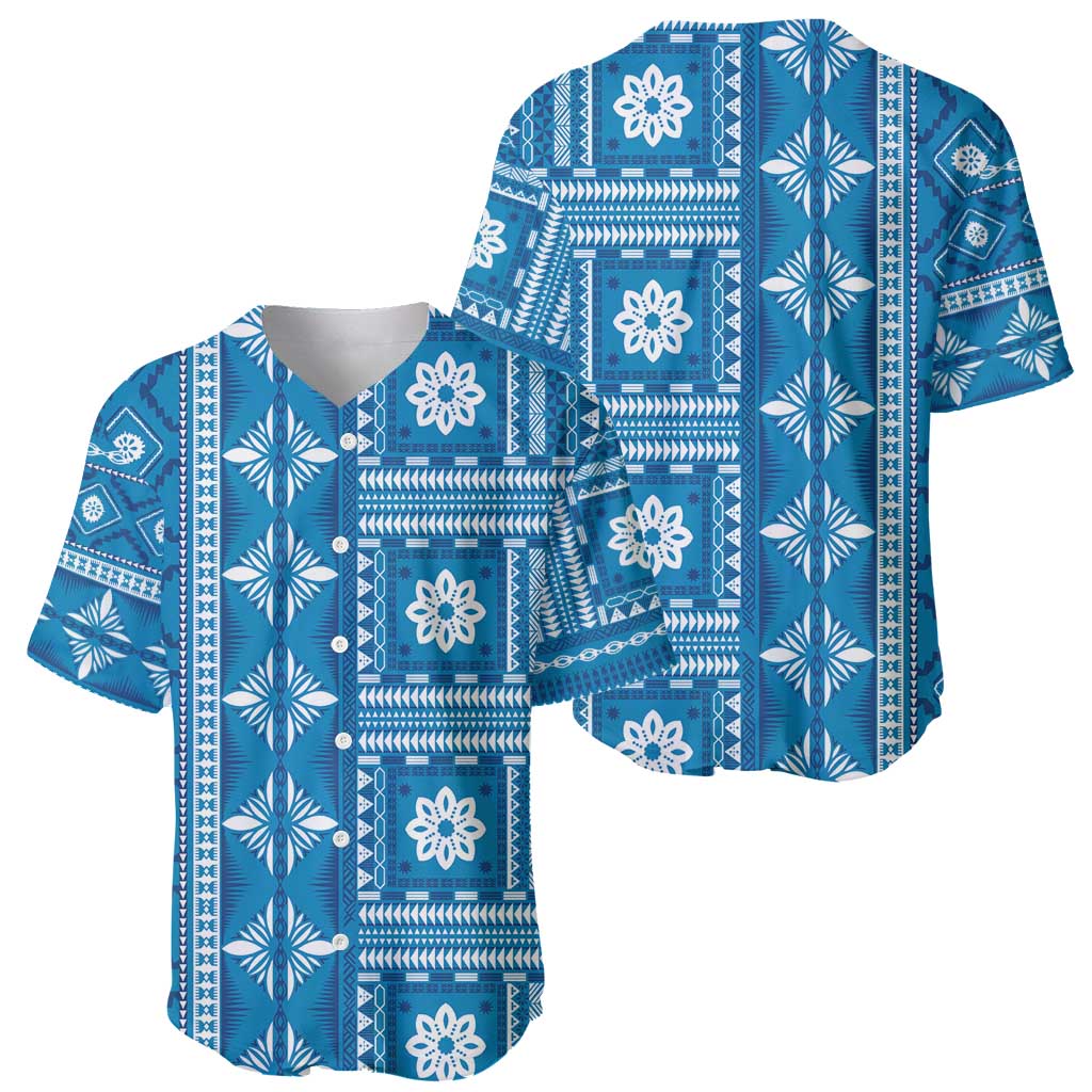 Fiji Masi All Blue Baseball Jersey Tapa Pattern - Polynesian Pride
