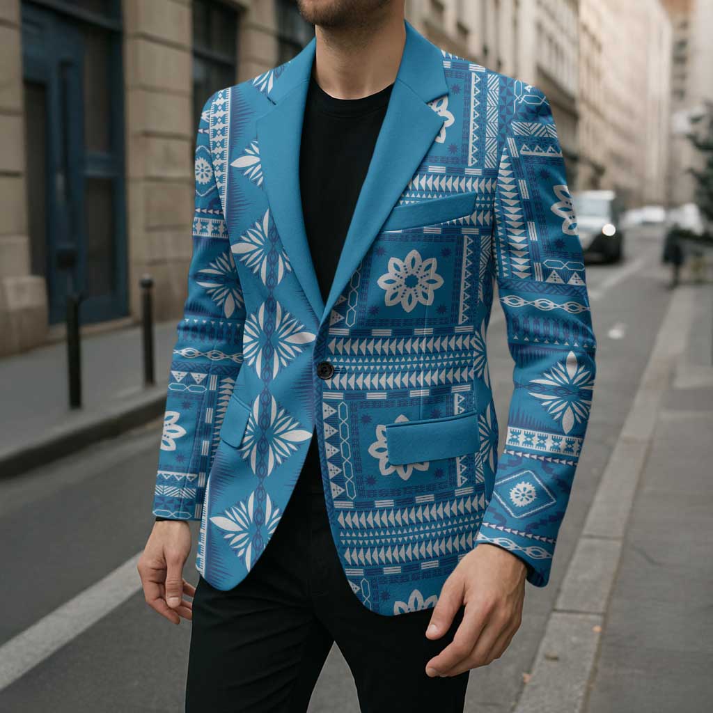 Fiji Masi All Blue Blazer Tapa Pattern - Polynesian Pride