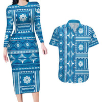 Fiji Masi All Blue Couples Matching Long Sleeve Bodycon Dress and Hawaiian Shirt Tapa Pattern - Polynesian Pride
