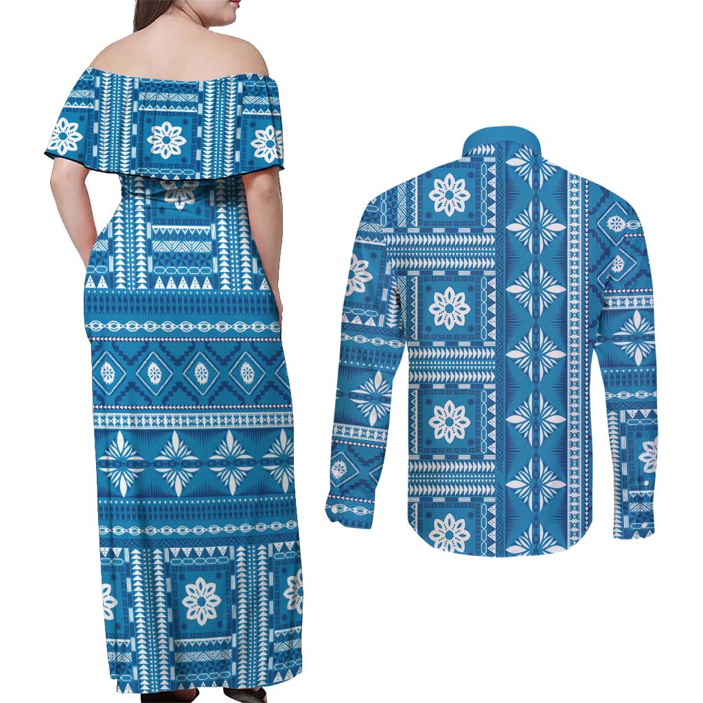 Fiji Masi All Blue Couples Matching Off Shoulder Maxi Dress and Long Sleeve Button Shirt Tapa Pattern - Polynesian Pride