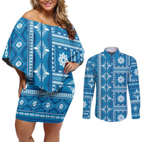Fiji Masi All Blue Couples Matching Off Shoulder Short Dress and Long Sleeve Button Shirt Tapa Pattern - Polynesian Pride