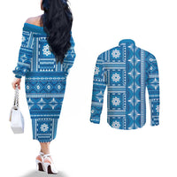 Fiji Masi All Blue Couples Matching Off The Shoulder Long Sleeve Dress and Long Sleeve Button Shirt Tapa Pattern - Polynesian Pride