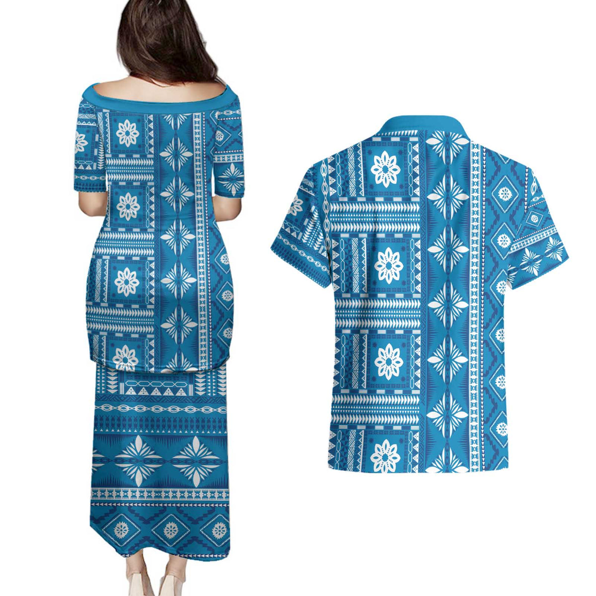 Fiji Masi All Blue Couples Matching Puletasi and Hawaiian Shirt Tapa Pattern - Polynesian Pride