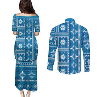 Fiji Masi All Blue Couples Matching Puletasi and Long Sleeve Button Shirt Tapa Pattern - Polynesian Pride