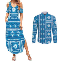 Fiji Masi All Blue Couples Matching Summer Maxi Dress and Long Sleeve Button Shirt Tapa Pattern - Polynesian Pride