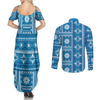 Fiji Masi All Blue Couples Matching Summer Maxi Dress and Long Sleeve Button Shirt Tapa Pattern - Polynesian Pride