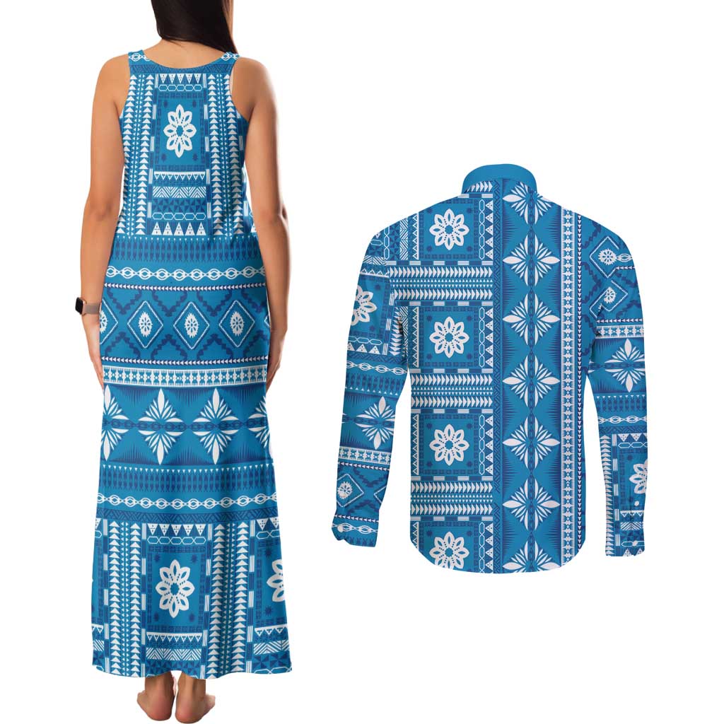Fiji Masi All Blue Couples Matching Tank Maxi Dress and Long Sleeve Button Shirt Tapa Pattern - Polynesian Pride