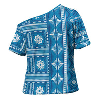 Fiji Masi All Blue Cross Shoulder Shirt Tapa Pattern - Polynesian Pride