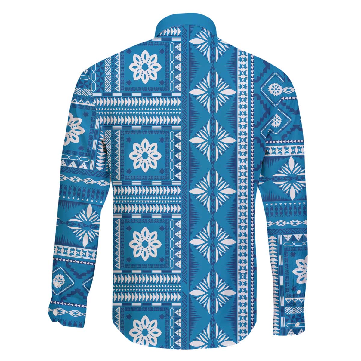 Fiji Masi All Blue Family Matching Off The Shoulder Long Sleeve Dress and Hawaiian Shirt Tapa Pattern - Polynesian Pride