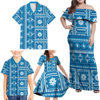 Fiji Masi All Blue Family Matching Off Shoulder Maxi Dress and Hawaiian Shirt Tapa Pattern - Polynesian Pride