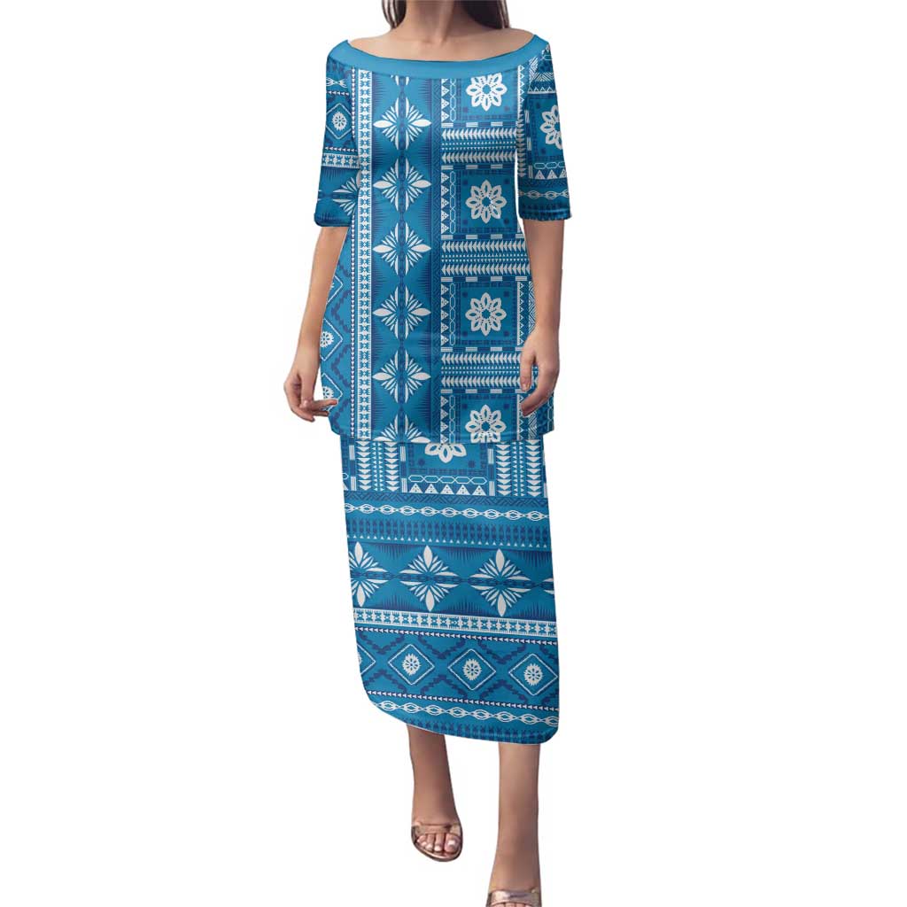 Fiji Masi All Blue Family Matching Puletasi and Hawaiian Shirt Tapa Pattern - Polynesian Pride