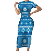 Fiji Masi All Blue Family Matching Short Sleeve Bodycon Dress and Hawaiian Shirt Tapa Pattern - Polynesian Pride