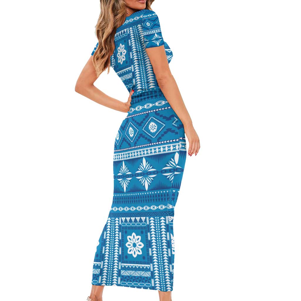Fiji Masi All Blue Family Matching Short Sleeve Bodycon Dress and Hawaiian Shirt Tapa Pattern - Polynesian Pride