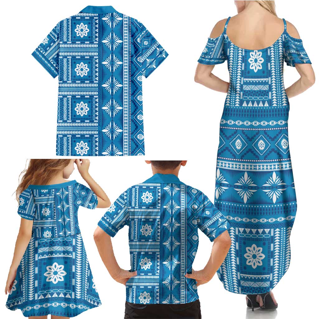 Fiji Masi All Blue Family Matching Summer Maxi Dress and Hawaiian Shirt Tapa Pattern - Polynesian Pride