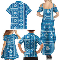 Fiji Masi All Blue Family Matching Summer Maxi Dress and Hawaiian Shirt Tapa Pattern - Polynesian Pride