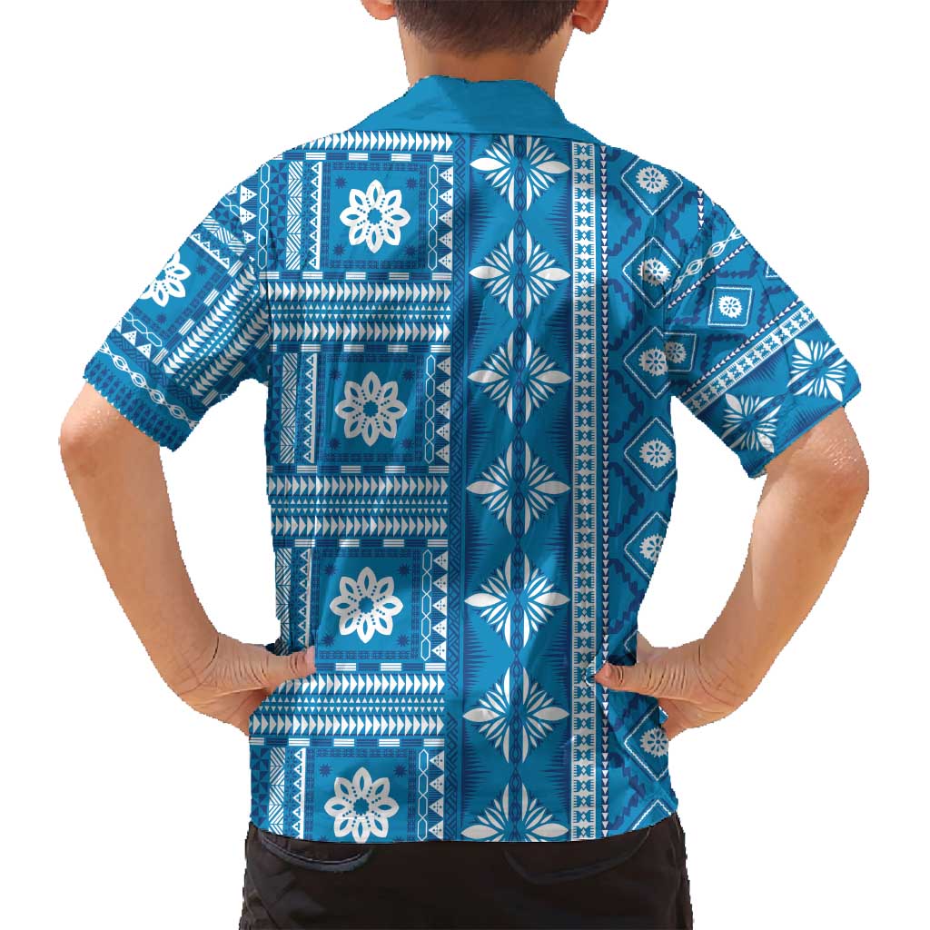 Fiji Masi All Blue Family Matching Tank Maxi Dress and Hawaiian Shirt Tapa Pattern - Polynesian Pride