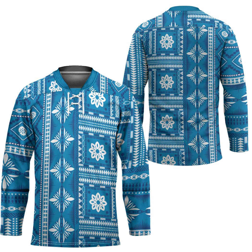 Fiji Masi All Blue Hockey Jersey Tapa Pattern - Polynesian Pride