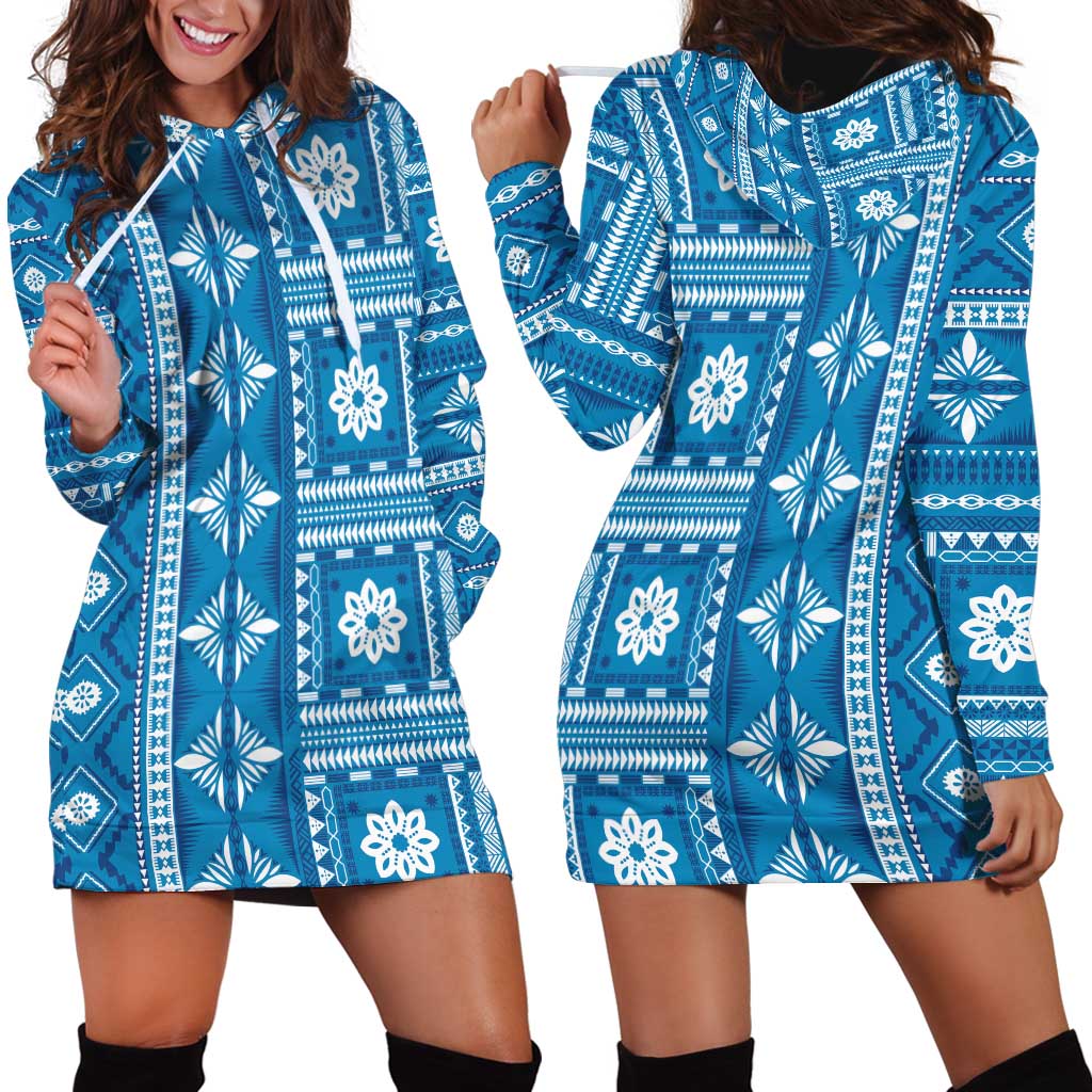 Fiji Masi All Blue Hoodie Dress Tapa Pattern - Polynesian Pride