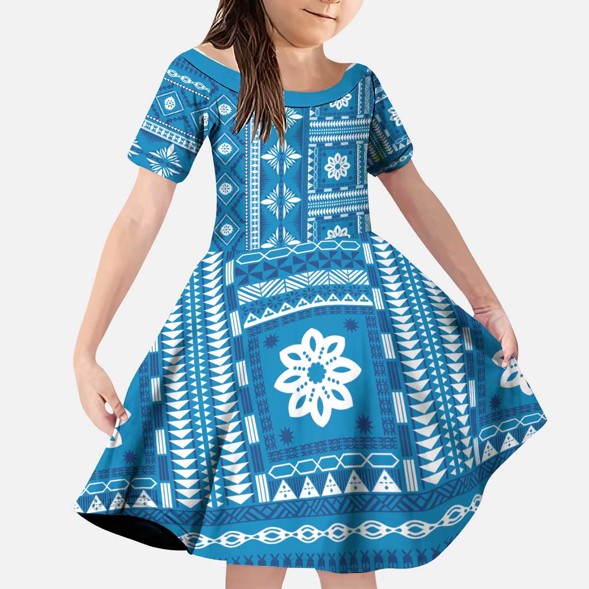 Fiji Masi All Blue Kid Short Sleeve Dress Tapa Pattern - Polynesian Pride