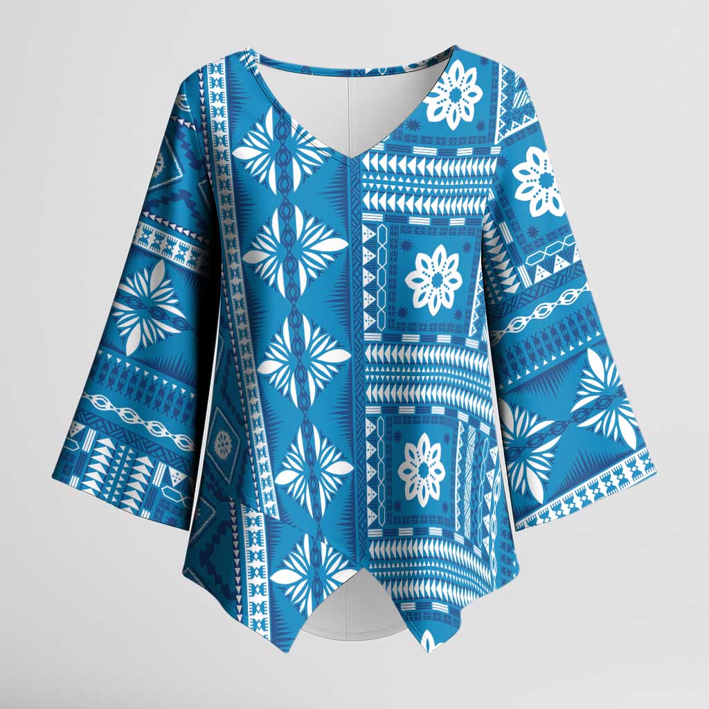 Fiji Masi All Blue Kimono Sleeve Blouse Tapa Pattern - Polynesian Pride