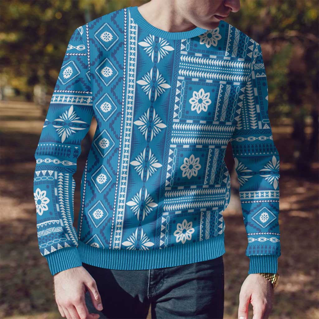 Fiji Masi All Blue Ugly Christmas Sweater Tapa Pattern - Polynesian Pride