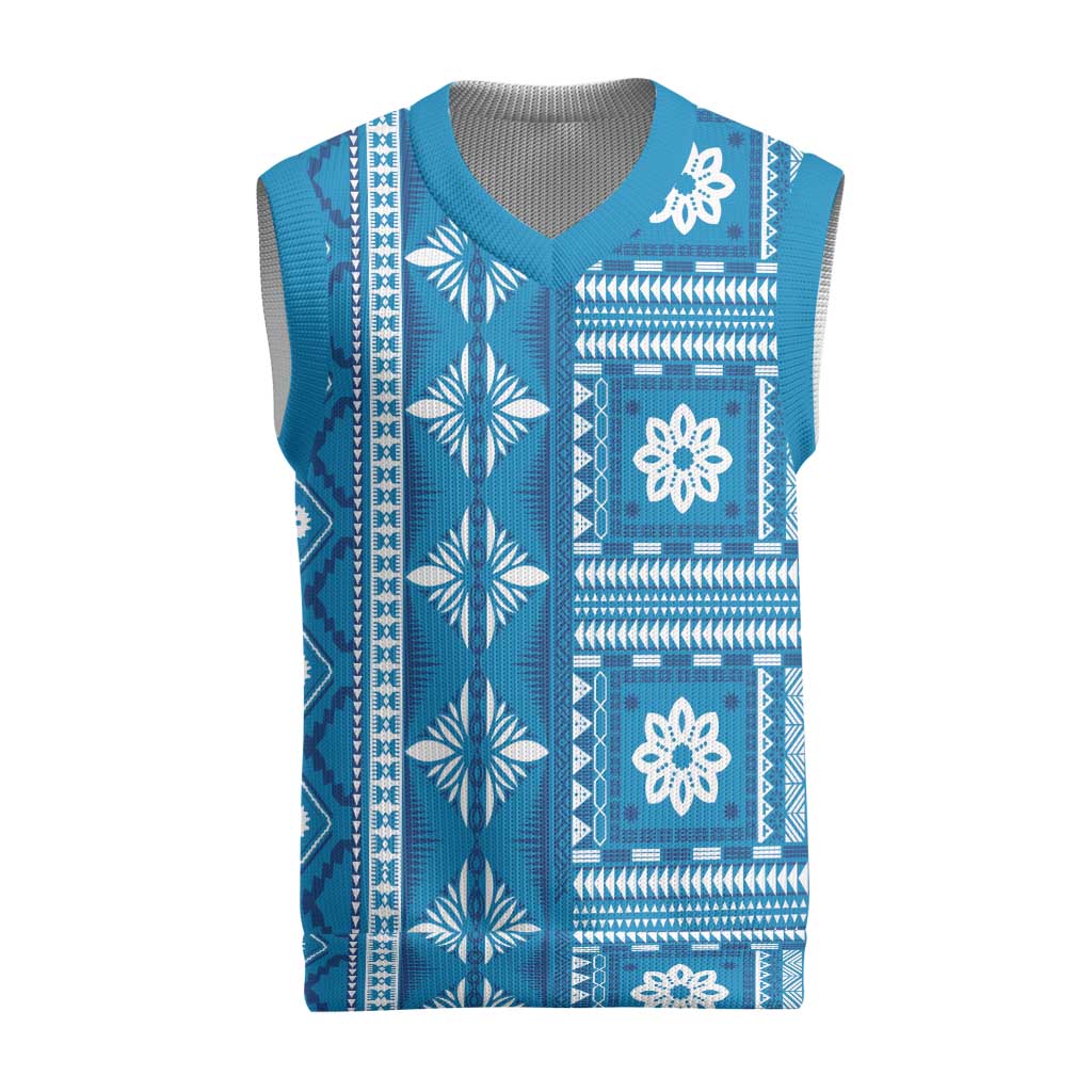 Fiji Masi All Blue Christmas Knitted V-Neck Vest Tapa Pattern - Polynesian Pride