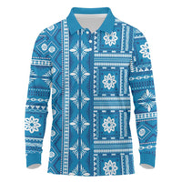 Fiji Masi All Blue Long Sleeve Polo Shirt Tapa Pattern - Polynesian Pride