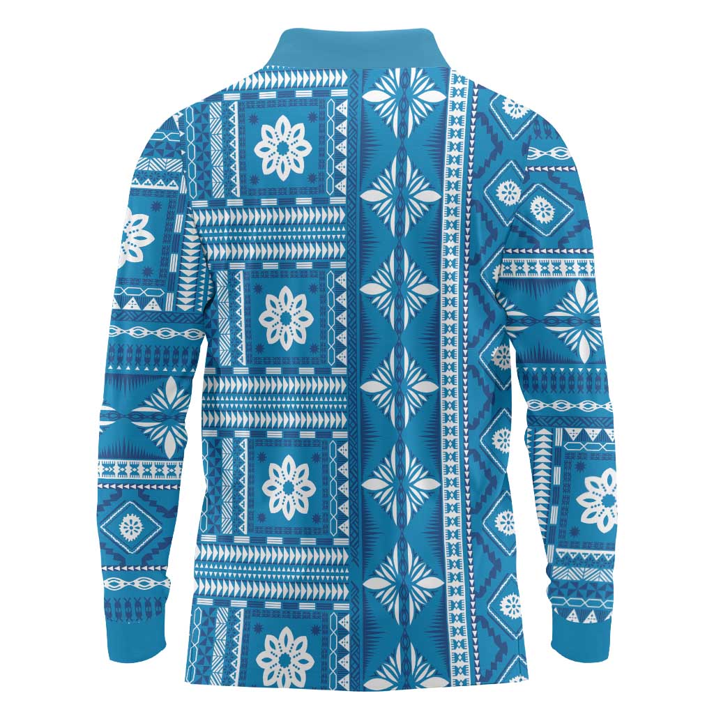 Fiji Masi All Blue Long Sleeve Polo Shirt Tapa Pattern - Polynesian Pride