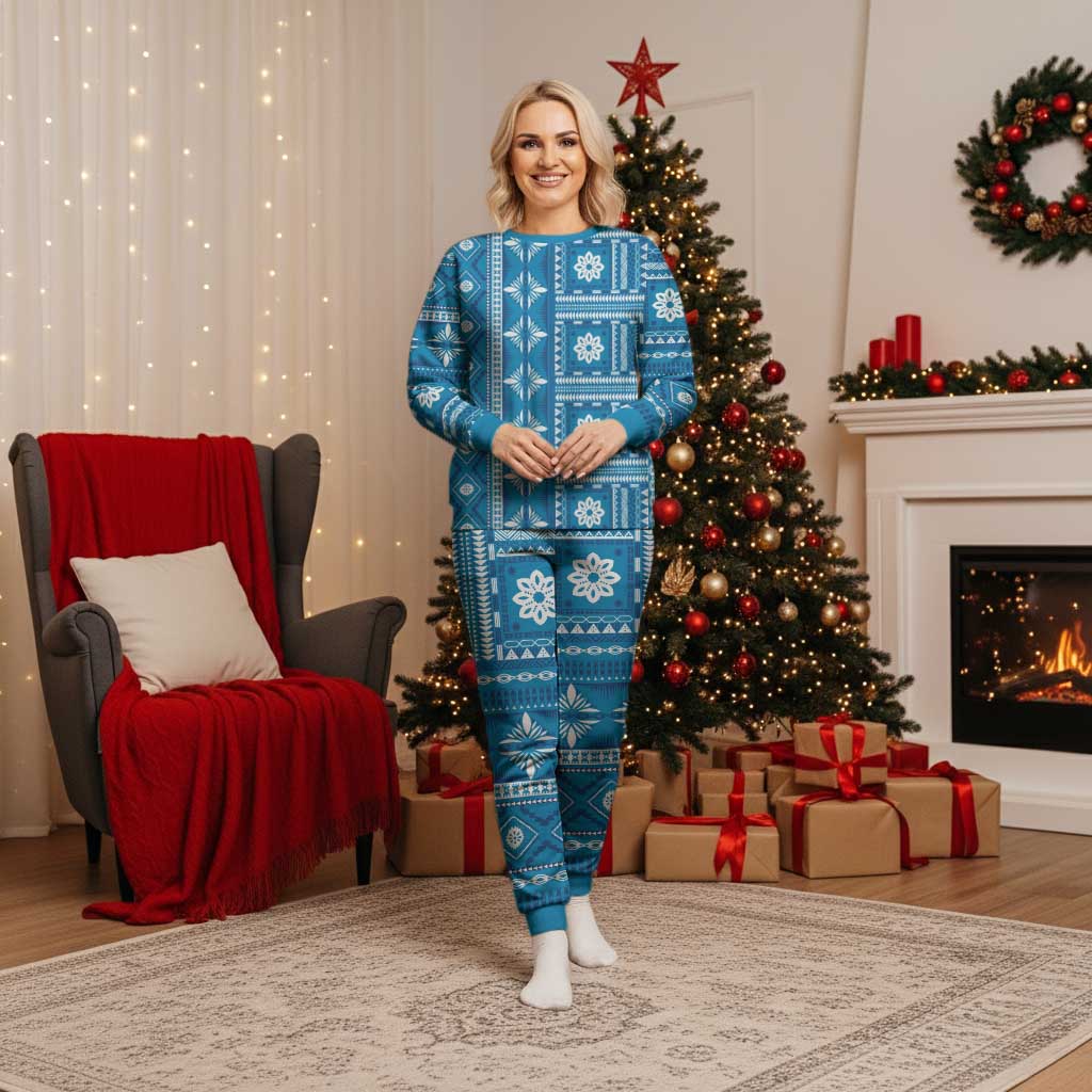 Fiji Masi All Blue Christmas Pajama Set Tapa Pattern - Polynesian Pride