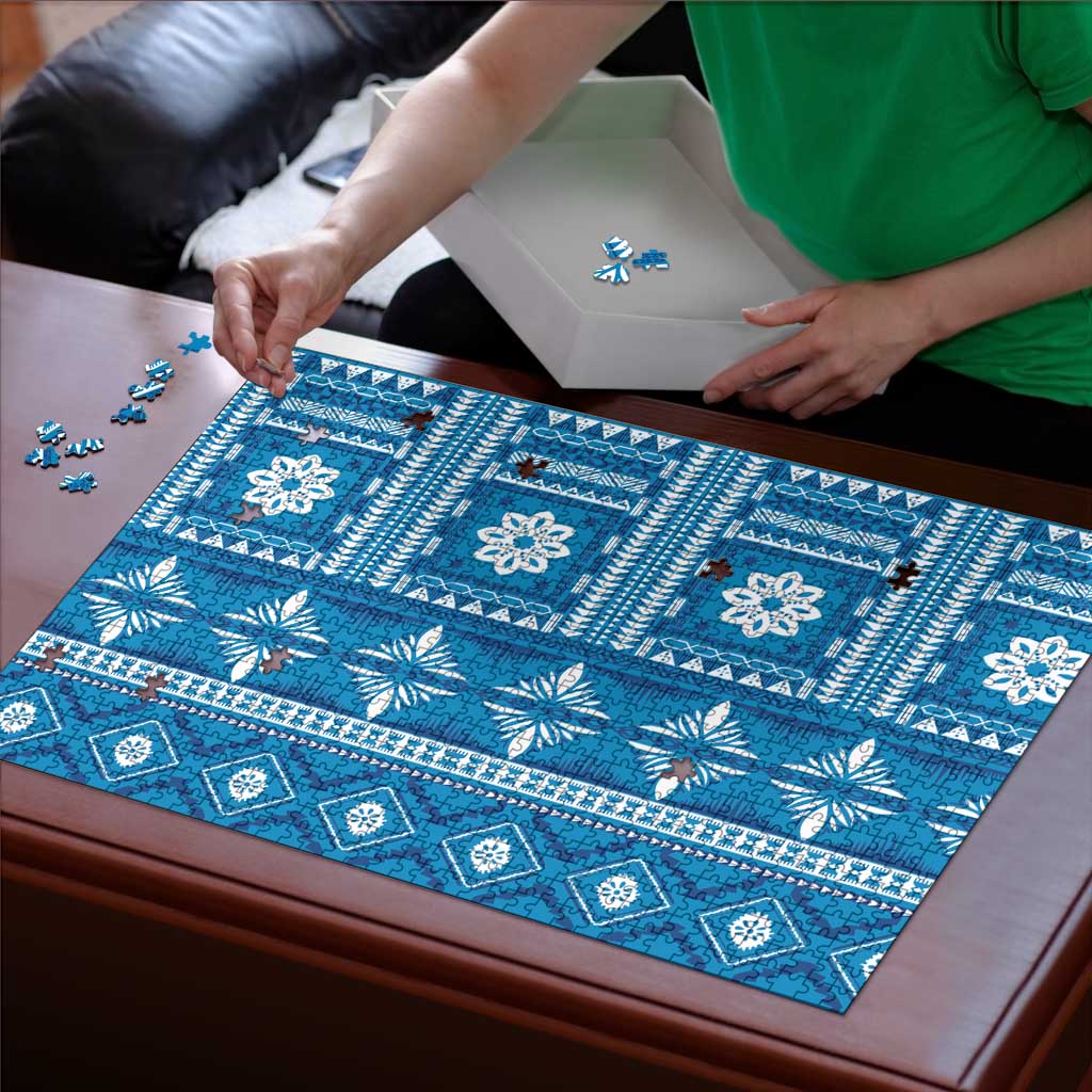Fiji Masi All Blue Puzzle Tapa Pattern - Polynesian Pride