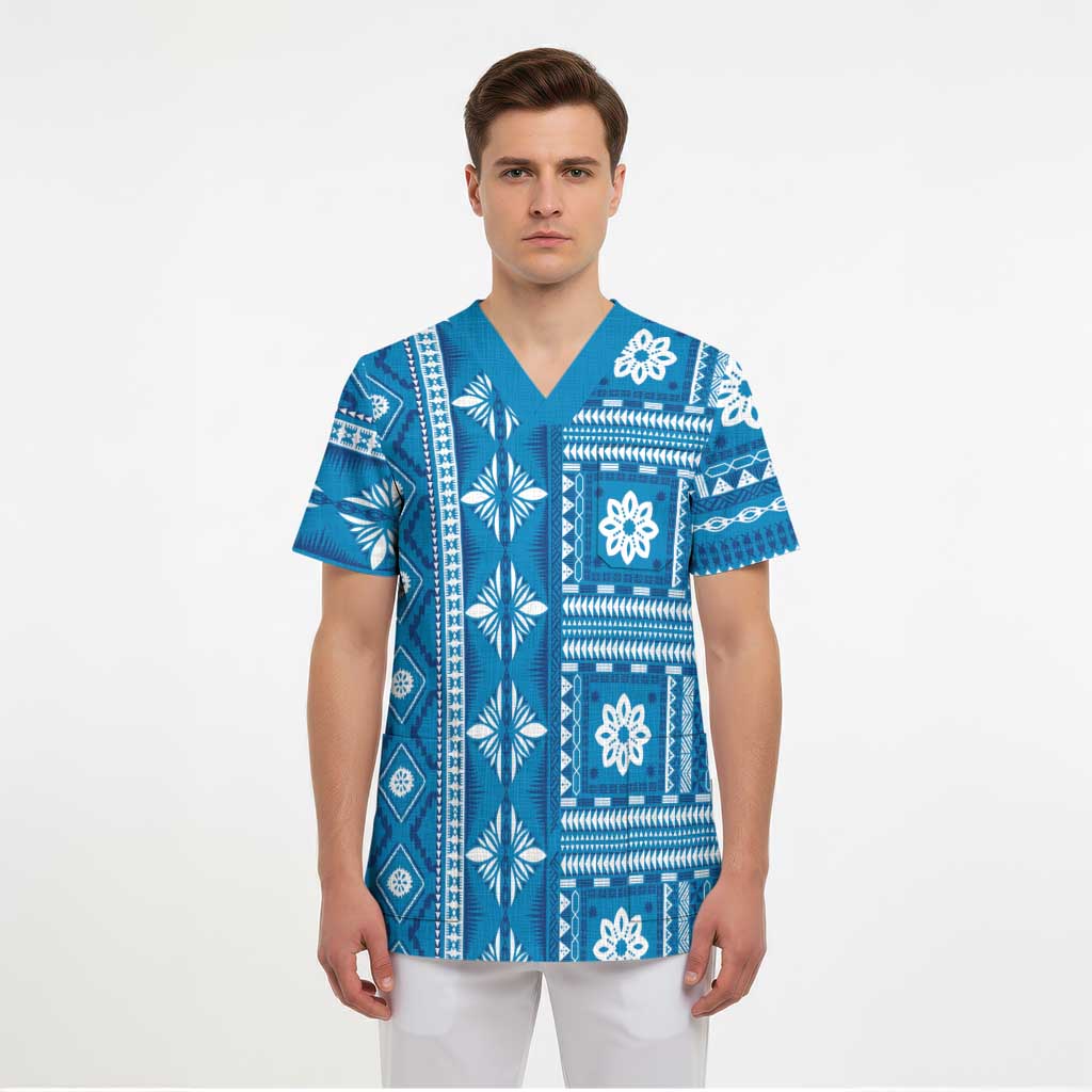 Fiji Masi All Blue Scrub Top Tapa Pattern - Polynesian Pride