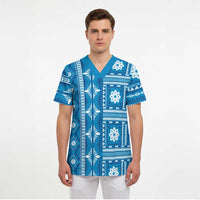 Fiji Masi All Blue Scrub Top Tapa Pattern - Polynesian Pride
