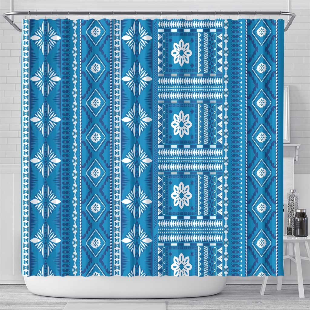 Fiji Masi All Blue Shower Curtain Tapa Pattern - Polynesian Pride