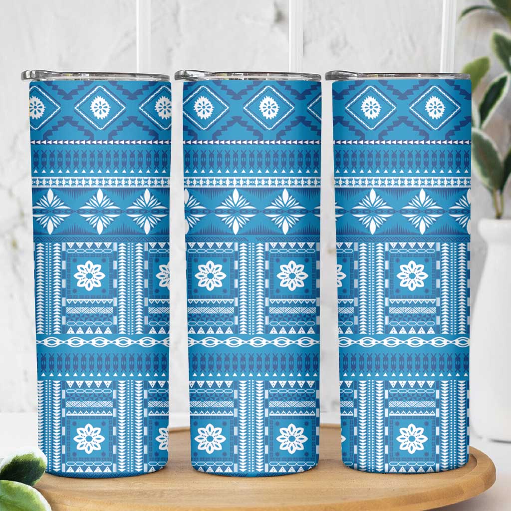 Fiji Masi All Blue Skinny Tumbler Tapa Pattern - Polynesian Pride