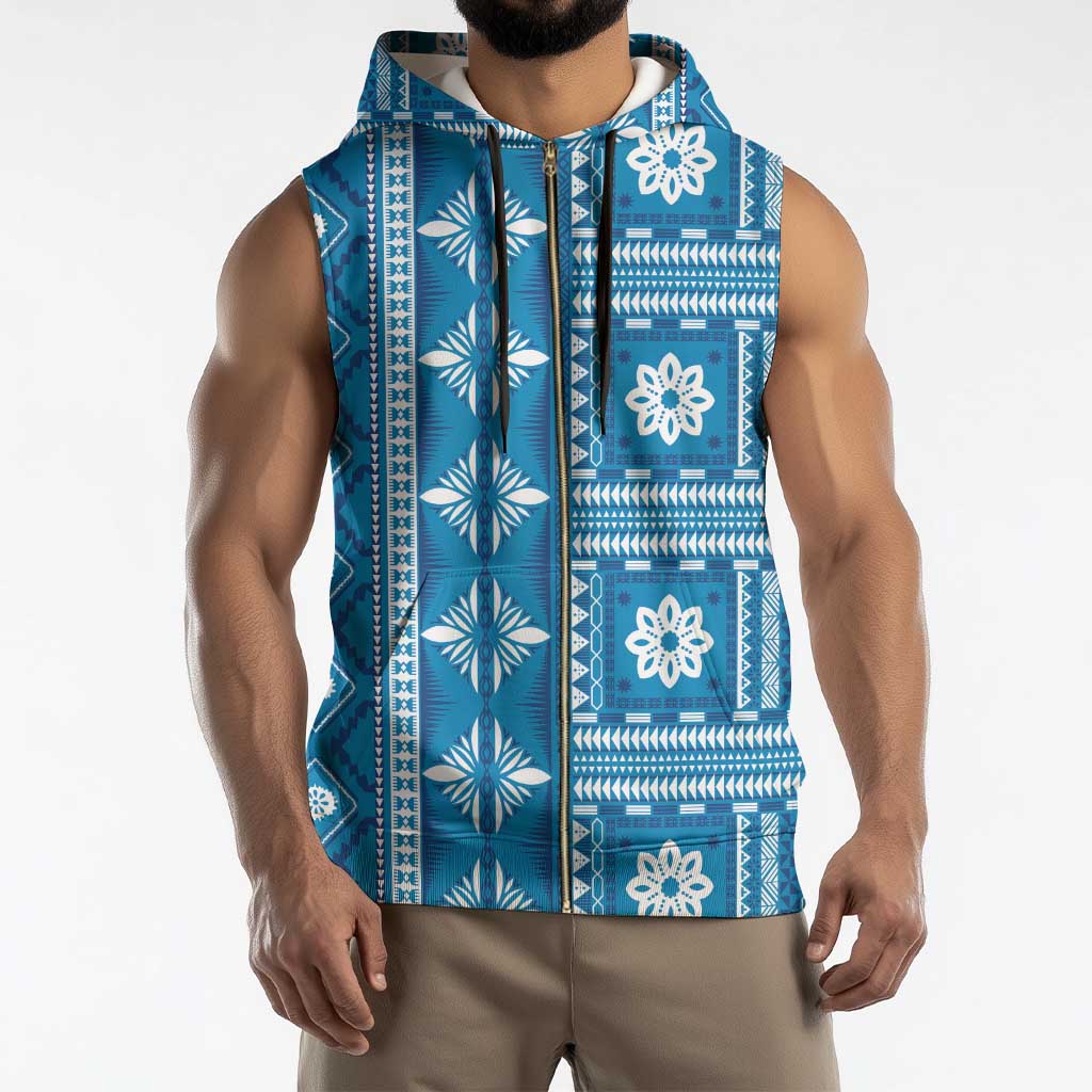 Fiji Masi All Blue Sleeveless Zip Hoodie Tapa Pattern - Polynesian Pride