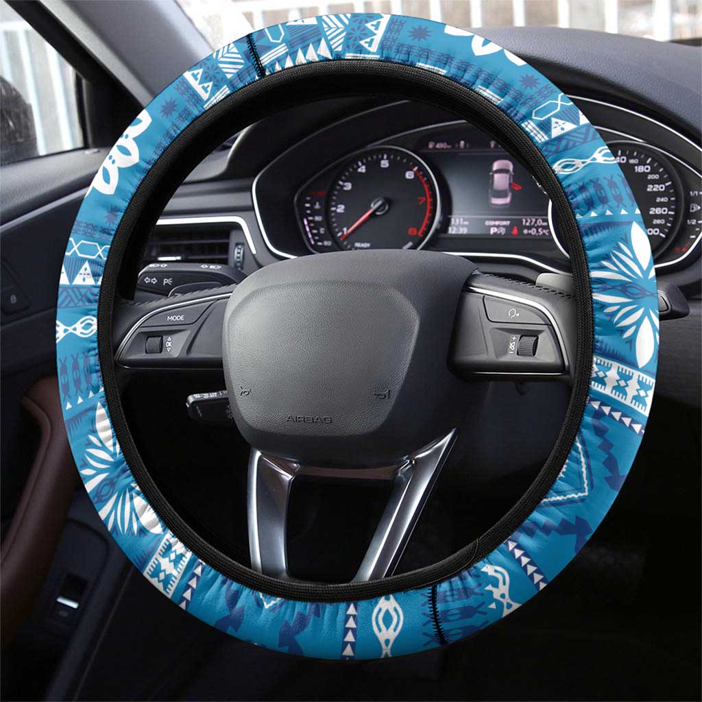 Fiji Masi All Blue Steering Wheel Cover Tapa Pattern - Polynesian Pride