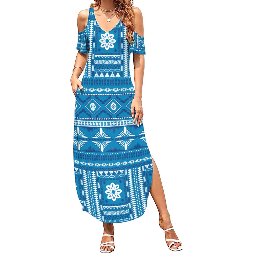 Fiji Masi All Blue Summer Maxi Dress Tapa Pattern - Polynesian Pride