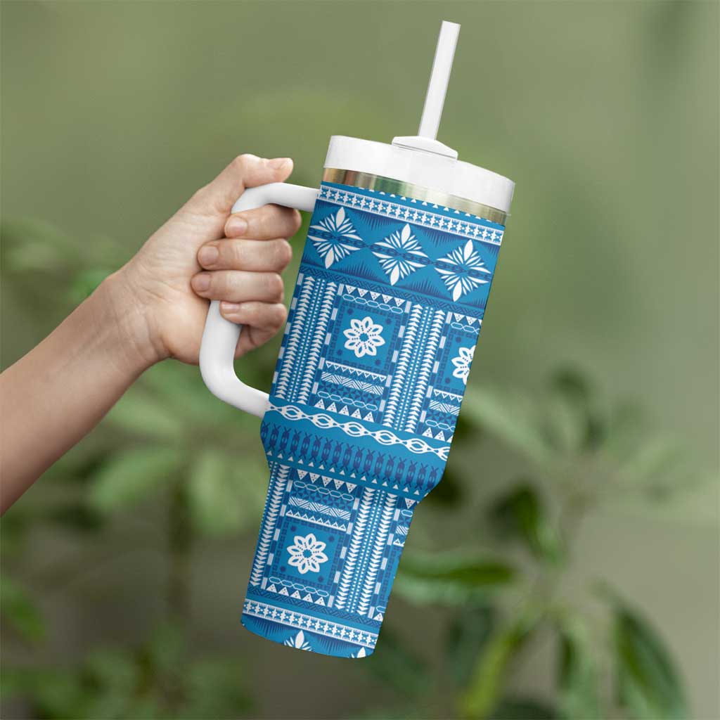 Fiji Masi All Blue Tumbler With Handle Tapa Pattern - Polynesian Pride
