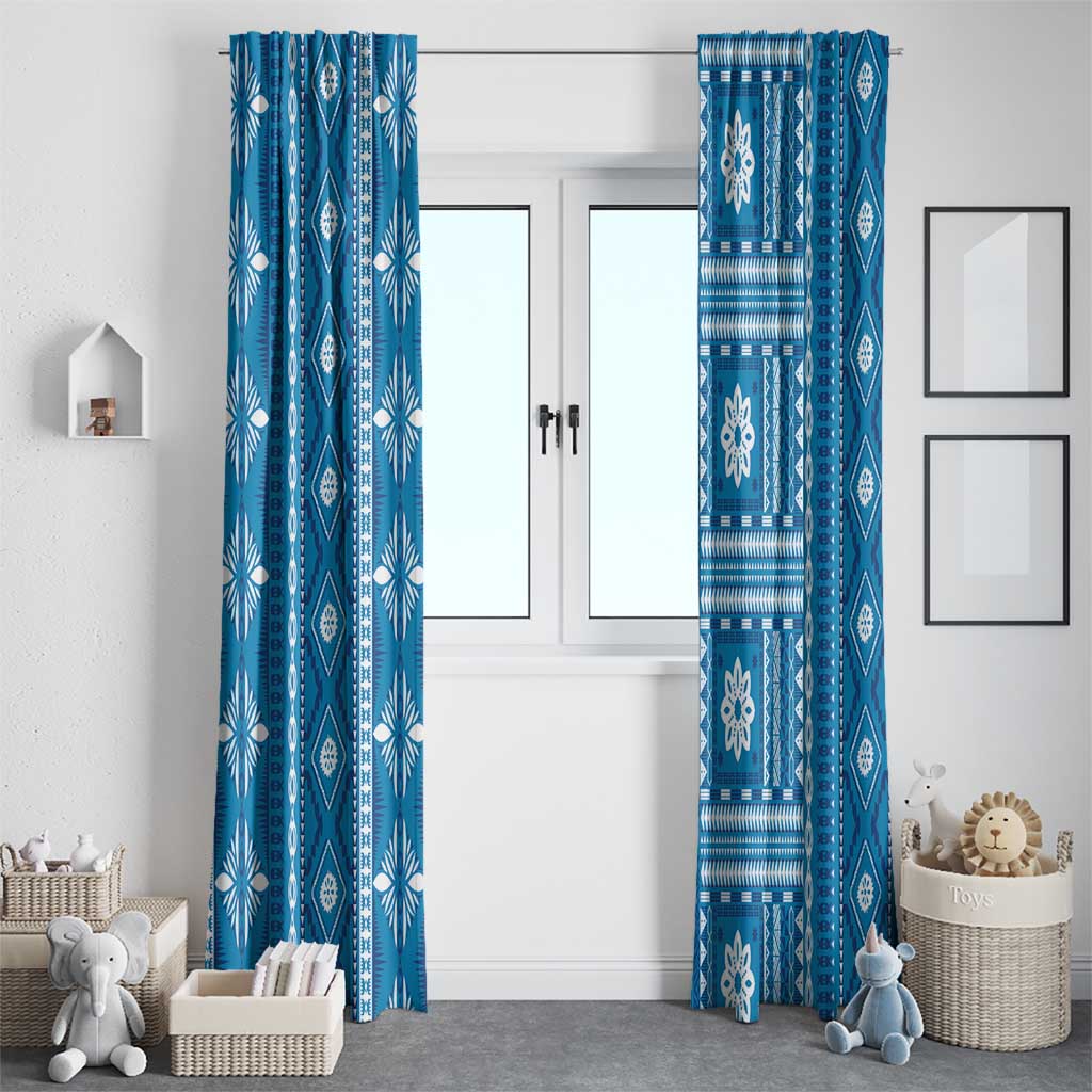 Fiji Masi All Blue Window Curtain Tapa Pattern - Polynesian Pride
